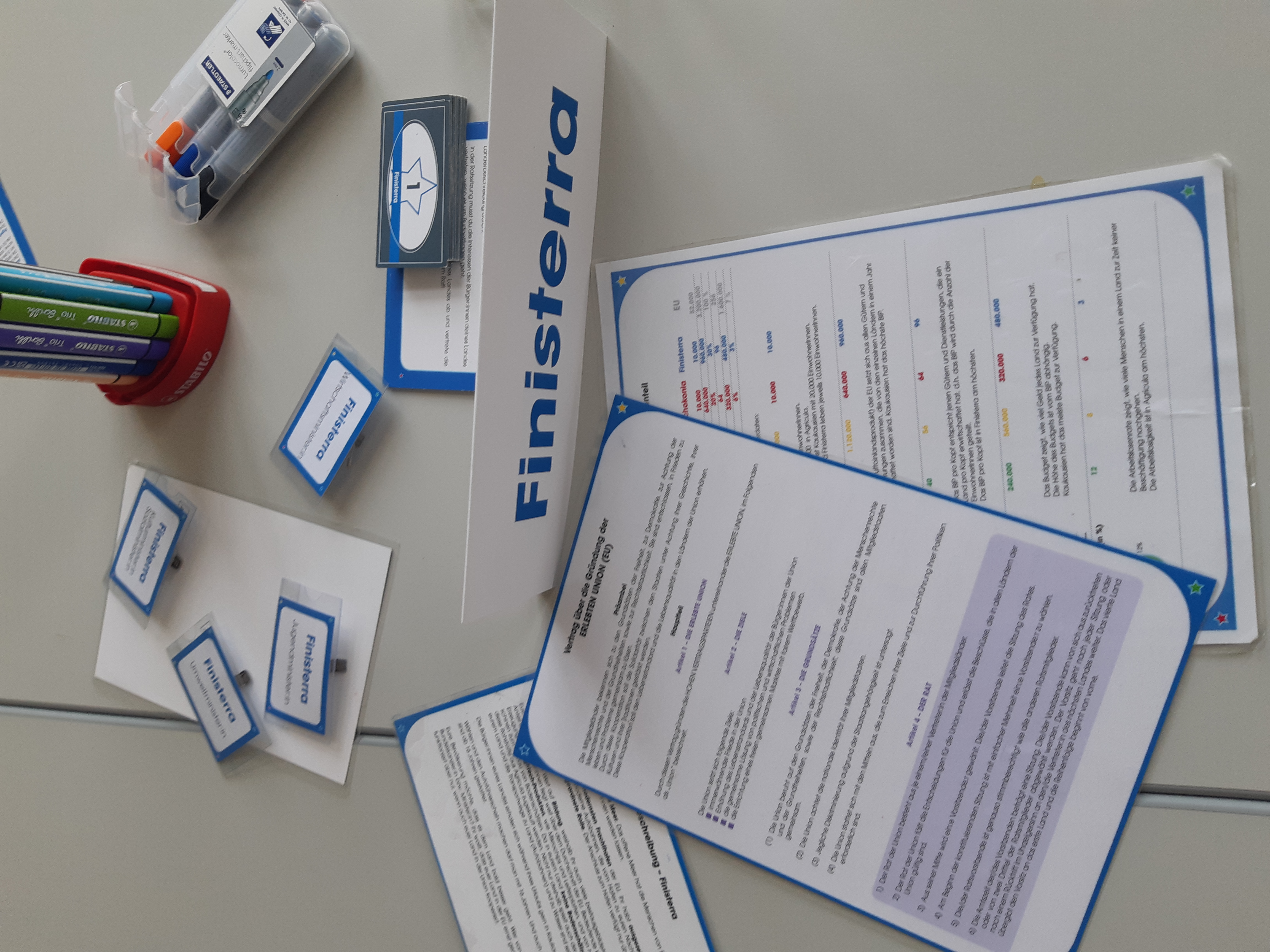 Spielanleitungen, Namenschilder und Stifte für Planspiel