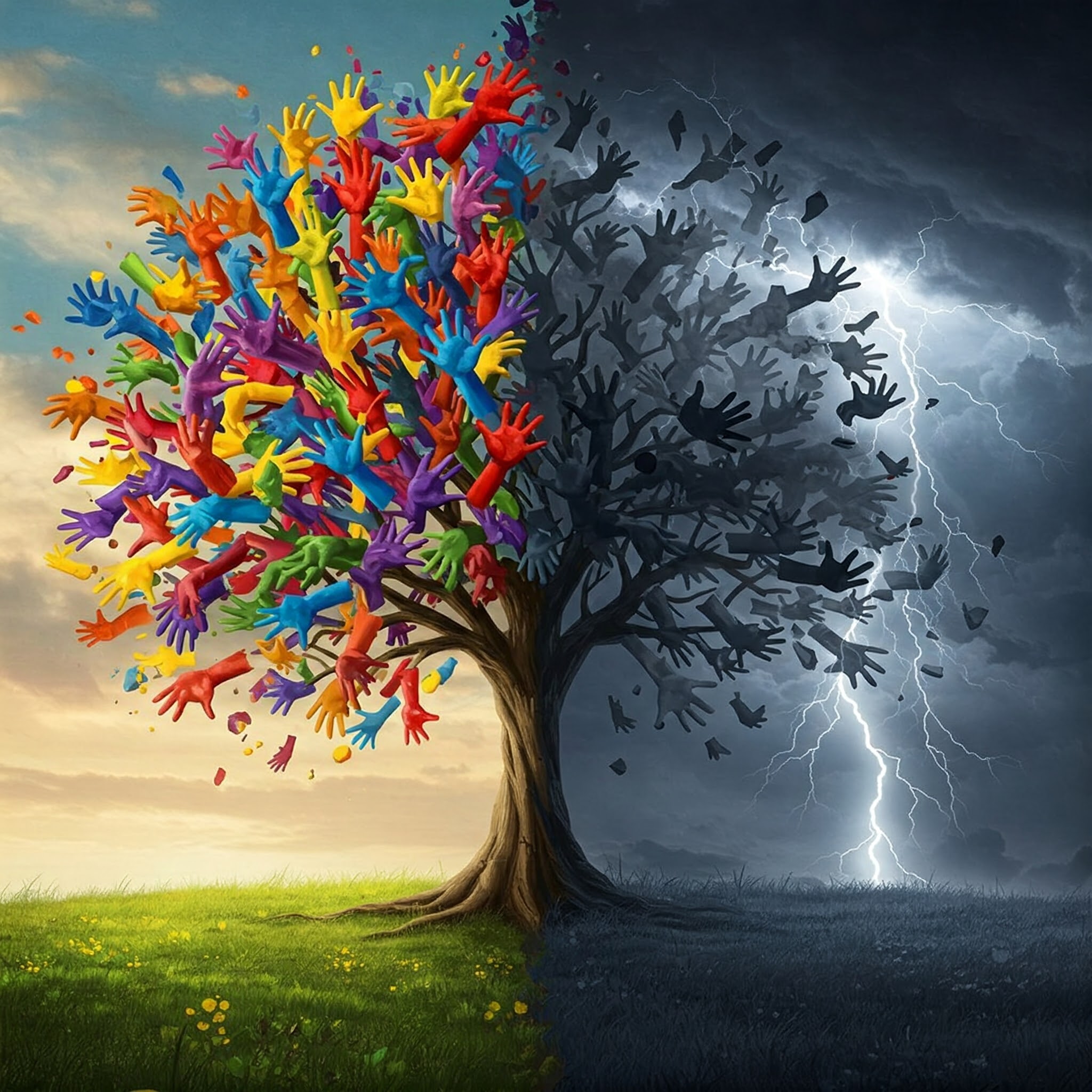 Ki-generierter Baum mit einer hellen und einer dunklen Seite