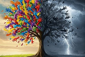 Ki-generierter Baum mit einer hellen und einer dunklen Seite