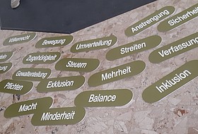 Schilder mit Begriffen zum Thema Demokratie