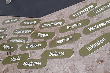 Schilder mit Begriffen zum Thema Demokratie
