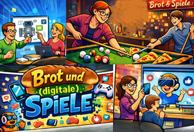 KI-generiertes Bild mit Überschrift "Brot und digitale Spiele"