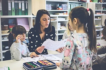 Lhererin erklärt zwei Schülerinnen etwas 