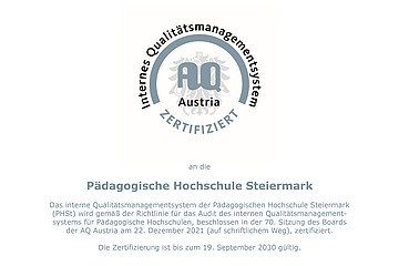 Qualitätszertifikat der AQ für die Pädagogische Hochschule Steiermark