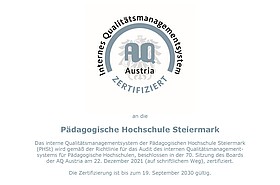 Qualitätszertifikat der AQ für die Pädagogische Hochschule Steiermark
