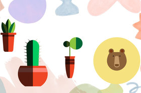 Grafik mit bunten Formen und Symbolen 