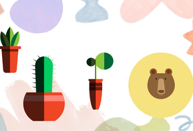 Grafik mit bunten Formen und Symbolen 