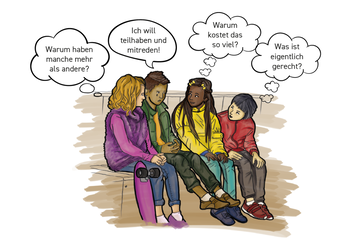 grafische Dartsellung von vier Kindern die sich unterhalten